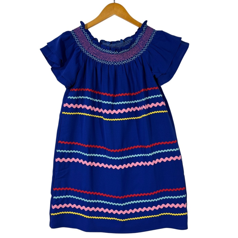 Entro Women's Dress Small‎ Blue Smocked Neck Flutter Sleeve Boho Stripe Shift